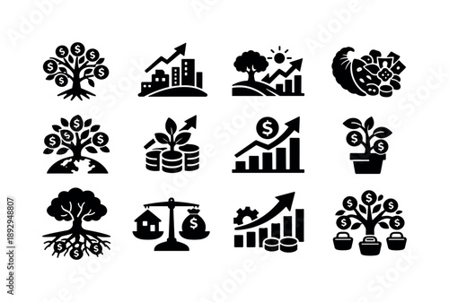 Prosperity Icon Set. Economic prosperity. Solid icon set of Economic prosperity: prosperity tree, flourishing economy icon, growth landscape tree, abundance