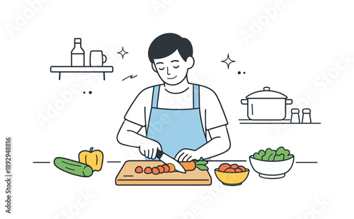 Calm Kitchen Chopping. Food and cooking. A person calmly chopping vegetables on a clean kitchen counter, slow movements and focused attention. The scene