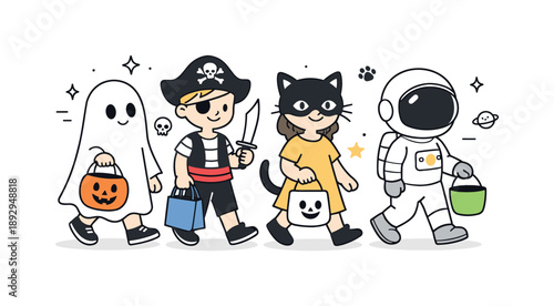 Playful Halloween Parade. Kids trick-or-treating costumes. Children wearing playful costumes and masks while walking side by side. Imagination, fun, and