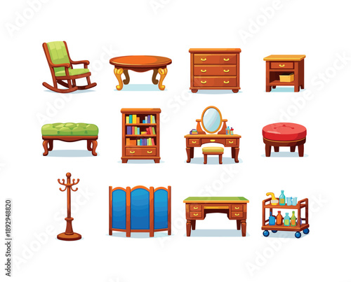 Colorful Classic Furniture Icons. Classic Furniture. Colorful flat vector icons set of Classic Furniture: wooden rocking chair, clawfoot table, chest of