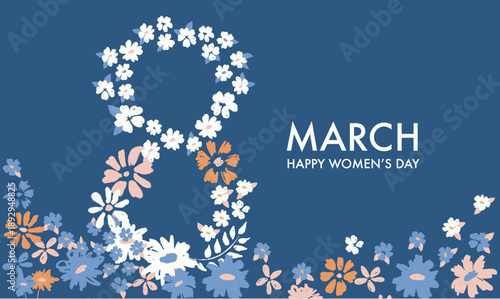 8 March. Women day blue background with frame flowers.