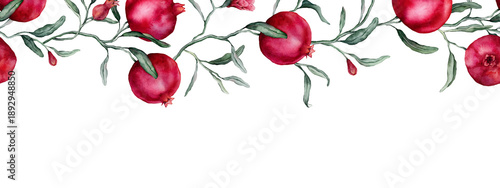 Seamless horizontal border or banner tropical Pomegranate and pink flower. Hand drawn watercolor illustration on white isolated background. Fruits with green leaves pattern for frame or banner.