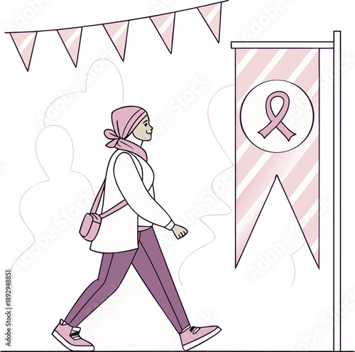 Breast Cancer Awareness Campaign Vector Illustration Pink Ribbon Banner Minimal Line Art Design