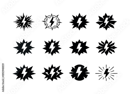 Power Surge Logos. Power surge metaphor. Icon set. Set Logo of power surge metaphor: radial energy shockwave. harmonious logo variations of the same emblematic