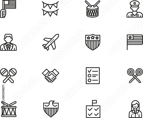 Patriotic Line Icons, Election, Government, USA, National Symbols, Democracy, Voting Day. Vector Icon Set