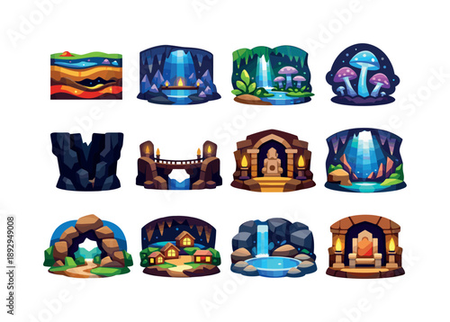 Colorful Underground Icons. Underground worlds. Colorful flat vector icons set of underground worlds: layered cavern map, giant cavern hall, subterranean