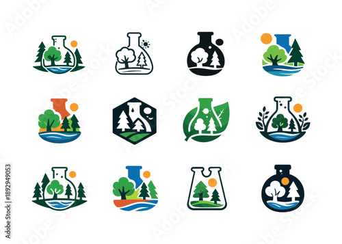 Backyard Science Logos. backyard science experiments. Icon set. Set Logo of backyard science experiments: science in nature. harmonious logo variations of the