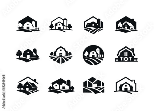 Farmhouse Logo Variations. Rustic home decor and farmhouse style. Icon set. Set Logo of Rustic home decor and farmhouse style: abstract rustic home symbol.