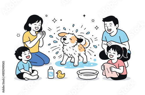 Joyful Family Pet Bath. Family washing dog happy ending. Clean dog shaking off water while family laughs softly. Light humor, bonding, and shared everyday joy.