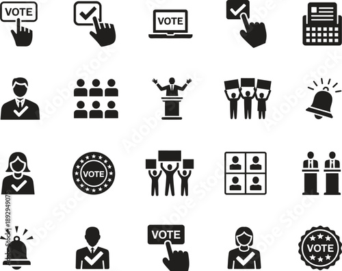Patriotic Voting, Democracy, Election Icons, Rights, National Symbols, USA. Vector Icon Set