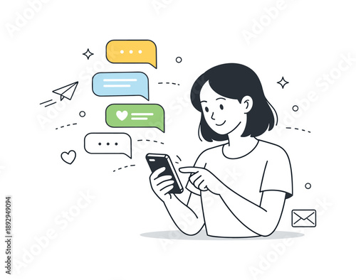 Modern Communication Illustration. Digital communication. A character interacting with a smartphone or tablet, message bubbles gently floating upward. The