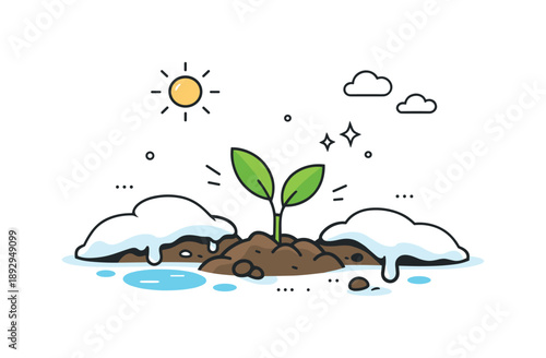 Emerging Spring Growth. Thawing earth and growth. Small plant pushing through moist ground as snow fades away around it. Gentle narrative of resilience and new