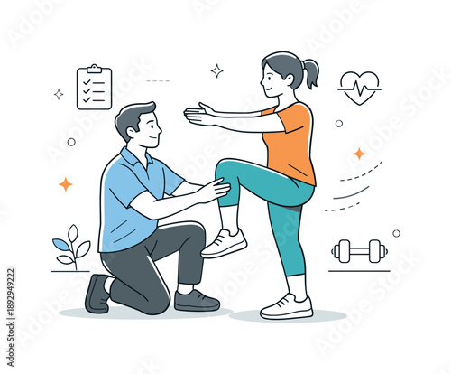 Physiotherapy Check-Up Scene. Physiotherapy session check-up. A physiotherapist observes a patient?s movement while gently guiding an exercise. Supportive