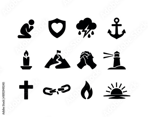 Icons of Hope. Faith during hardship. Solid icon set of Faith during hardship: kneeling figure, shield heart, storm cloud with light, anchor hope, candle