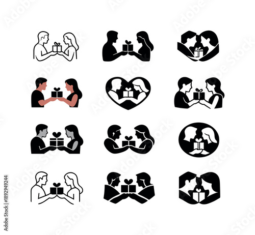 Gift Exchange Icons. happy couple exchanging thoughtful gifts. Icon set. Set Logo of happy couple exchanging thoughtful gifts: gift exchange hands. harmonious