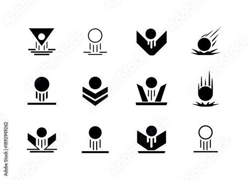 Gravitational Force Logos. Gravitational force. Icon set. Set Logo of Gravitational force: falling object toward ground. harmonious logo variations of the same