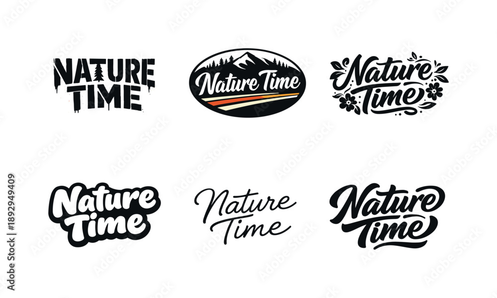 Obraz premium Nature Lettering Variations. Nature Time. Set lettering. harmonious lettering variations of the same emblematic concept, each with different artistic