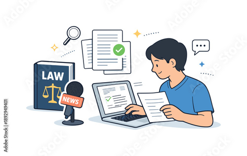 Journalist's Workspace. Journalism and law. A reporter reviewing legal documents on a laptop while a law book and microphone sit nearby. The illustration