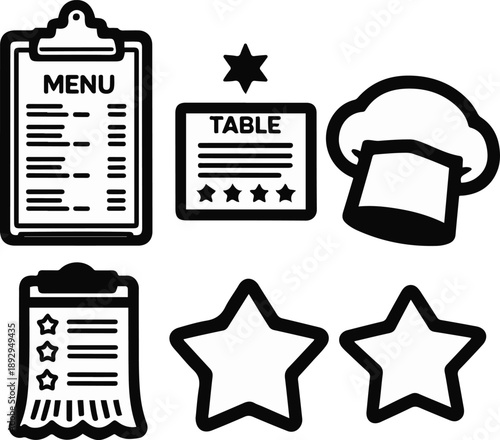 restaurant management objects, menu clipboard, table reservation sign, kitchen order ticket, chef hat, customer review stars, bold black thick outline line art 2