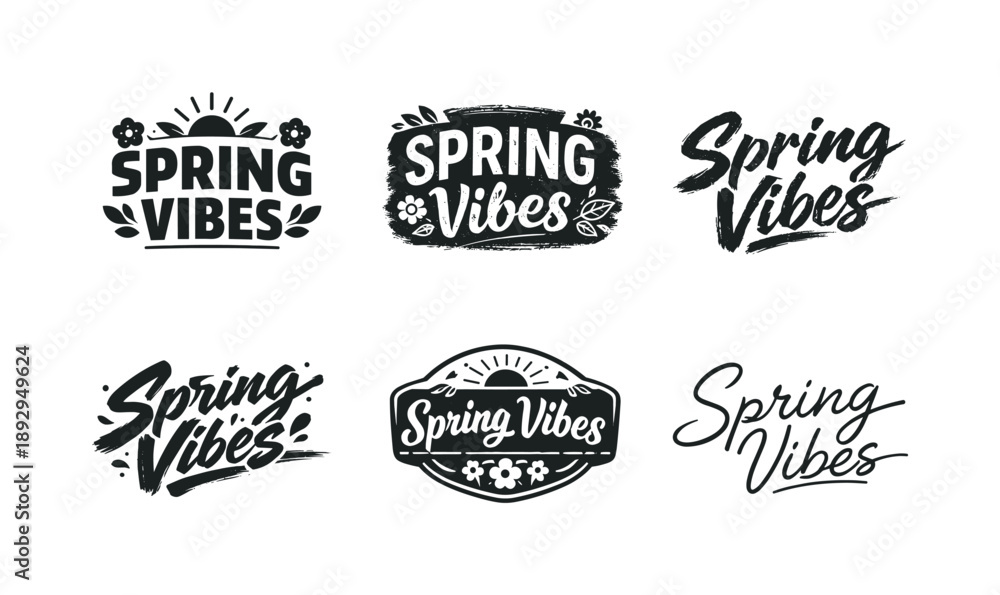Obraz premium Spring Lettering Variations. Spring Vibes Banner. Set lettering. harmonious lettering variations of the same emblematic concept, each with different artistic