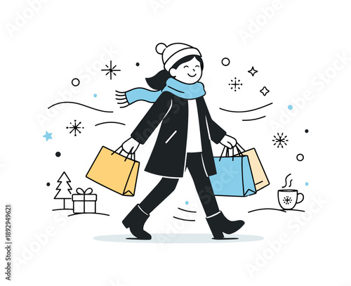 Winter Shopping Bliss. Winter shopping mood. A character wearing a coat and scarf, walking happily with shopping bags. Snow and abstract shapes add movement