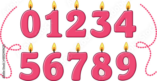  Birthday digit set in flat design, numbers 0–9 with decorative doodle party elements. Celebration invitation and greeting card vector bundle.eps