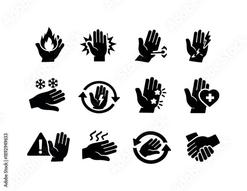 Chronic Hand Pain Icons. Chronic Hand Pain. Solid icon set of Chronic Hand Pain: burning sensation, flare-up icon, mobility issue, nerve pressure, cold hand