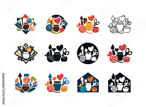 Craft Night Icons. Hosting a craft night where everyone makes something together. Icon set. Set Logo of Hosting a craft night where everyone makes something