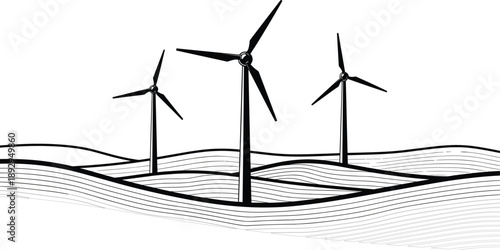 Black silhouette illustration of wind turbines on hilly terrain with contour lines, renewable energy landscape, vector art