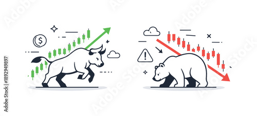 Bull and Bear. Bull and bear market concept. Rising and falling charts side by side, symbolizing market dynamics. Neutral and educational finance scene with