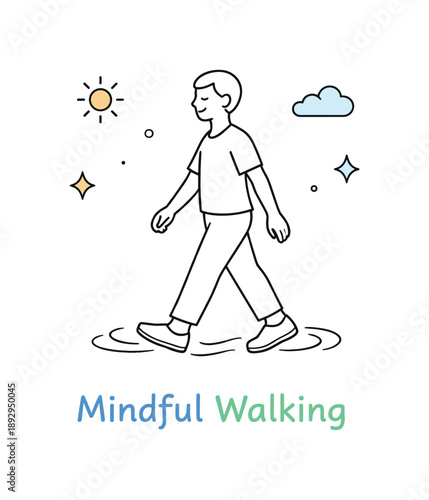 Mindful Walking Art. Mindful Walking. A person walking slowly with smooth motion lines under the feet, attention focused on the present moment. Light, airy