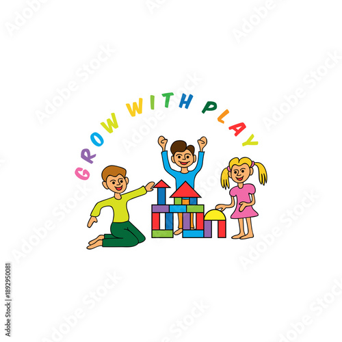 Grow with play. Illustration of happy and contented children playing with colorful blocks