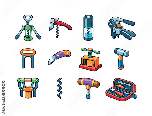 Colorful Cork Tool Icons. Cork tools. Colorful isometric vector icons set of cork tools: wing corkscrew, waiter's corkscrew, electric opener, lever opener,