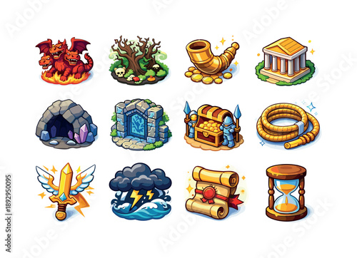 Ancient Challenges Icons. Ancient Challenges. Colorful isometric vector icons set of Ancient Challenges: mythical beast, cursed forest, golden horn, sacred