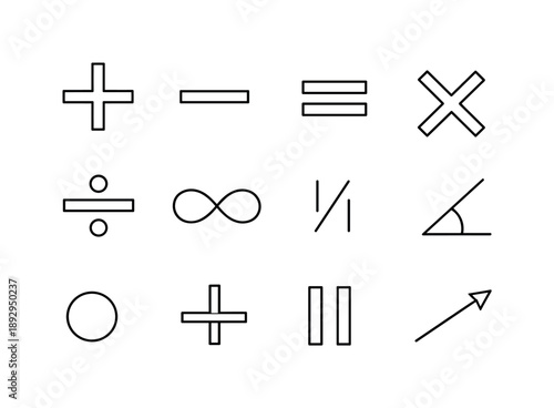Geometric Symbols Icons. Geometric Symbols. Line icon set of Geometric Symbols: plus sign, minus sign, equal sign, multiplication cross, division symbol,
