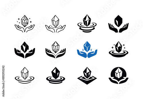 Weightless Crystal Logos. Weightlessness. Icon set. Set Logo of weightlessness: levitating crystal. harmonious logo variations of the same emblematic concept,