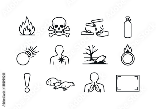 GHS Symbol Icons. GHS symbols. Line icon set of GHS symbols: flame pictogram, skull pictogram, corrosion pictogram, gas pictogram, exploding bomb, health