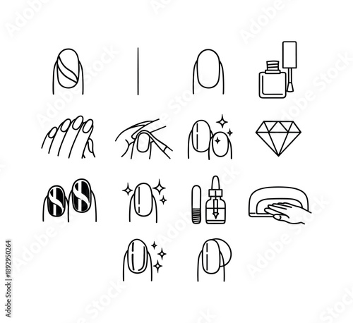 Cat Eye Manicure Icons. Cat eye manicure. Line icon set of Cat eye manicure: cat eye nail pattern, vertical shimmer line, oval nail shape, gel polish nail,