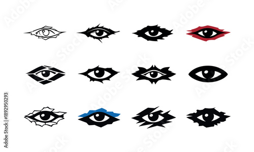 Mystery Emblem Icons. Mystery and suspicion. Icon set. Set Logo of Mystery and suspicion: eye peeking through torn surface. harmonious logo variations of the