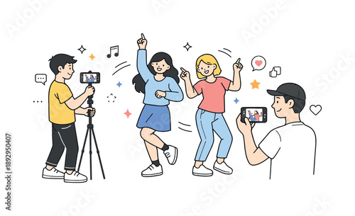 Fun Content Creation. Content creators having fun. Friends filming dance or trend videos, smartphone on a tripod or handheld, smooth and open composition with