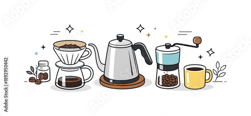 Essential Coffee Ritual. Coffee brewing tools. Essential coffee tools like pour-over dripper, kettle, coffee grinder, and mug arranged neatly, showing calm