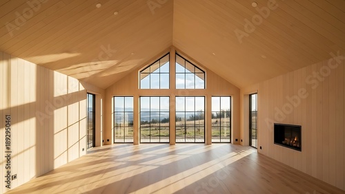 Spacious modern cabin interior with vaulted wooden ceiling and large windows overlooking landscape