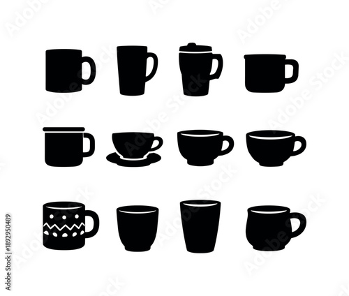 Mug Icon Variations. Mug variations. Solid icon set of mug variations: classic mug, tall mug, travel mug, camp mug, enamel mug, teacup silhouette, latte cup,