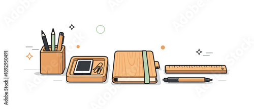 Minimalist Desk Setup. Minimal wooden desk setup. Wooden accessories like pencil cup, tray, notebook, and ruler arranged neatly, expressing order and