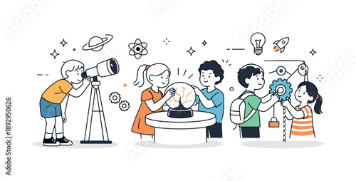 Kids Exploring Science. Kids at a science museum. Children exploring interactive exhibits, curious gestures and focused attention while learning through play.