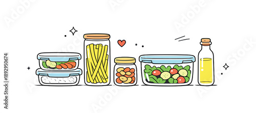 Minimal Kitchen Elegance. Minimal kitchen storage. Glass food containers aligned neatly, focusing on transparency, cleanliness, and simplicity.