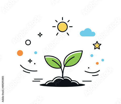 Spring Plant Emergence. Spring Renewal. A young plant sprouting from the ground with soft sun rays and abstract shapes floating around. The illustration