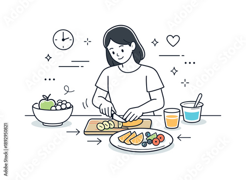 Morning Fruit Preparation. Morning snack routine. Quickly slicing fruit and arranging a simple plate before work, focused and stress-free mood. Clean kitchen