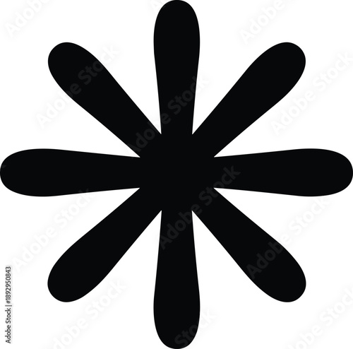 Bold black asterisk with rounded arms centered on white background, symbolizing emphasis, annotation, and abstract typographic design