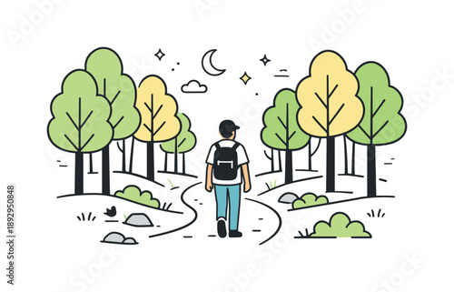 Serene Forest Walk. Exploring the forest path. A person walking deeper into a quiet forest, with simple trees creating rhythm and depth. The atmosphere feels